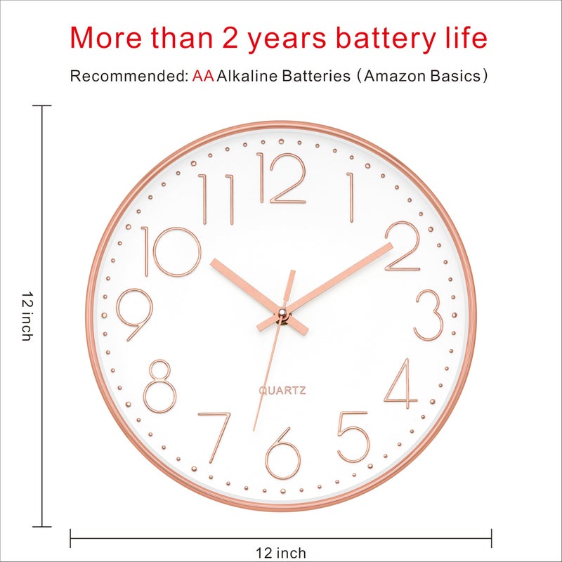 Foxtop Modern Wall Clock 12 Inch Non-Ticking Silent Battery Operated Round Quartz Rose Gold Wall Clock for Office Bedroom Living Room Kitchen Home School Decor - Image 2